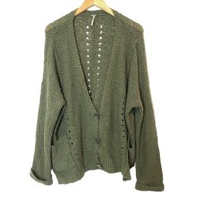 Free People Army Green Cardigan Sweater Knit Oversized Wool Blend Size M